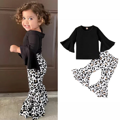 2PCS Baby Girl Clothes Set - Black Pullover Top & Leopard Print Bell-Bottoms, Autumn Outfit for 2-8 Years Old