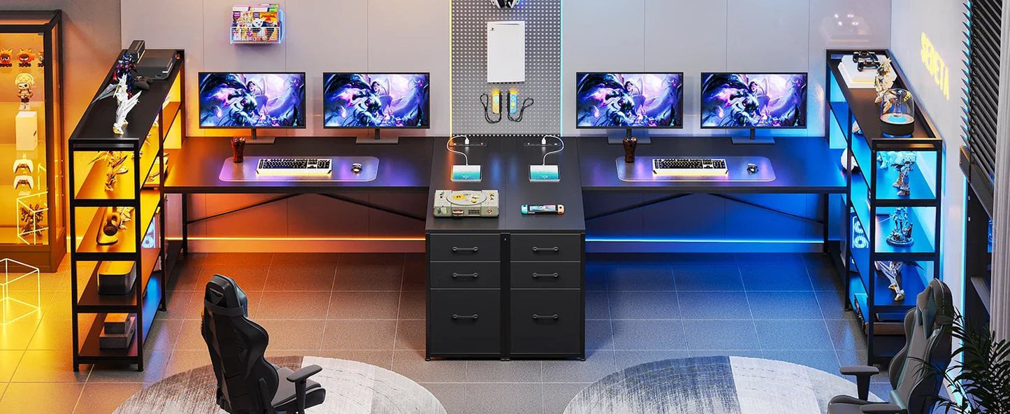 L-Shaped Gaming Desk – Reversible U Shaped Computer Desk with Power Outlet, Storage Shelves & LED Lighting