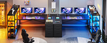 L-Shaped Gaming Desk – Reversible U Shaped Computer Desk with Power Outlet, Storage Shelves & LED Lighting