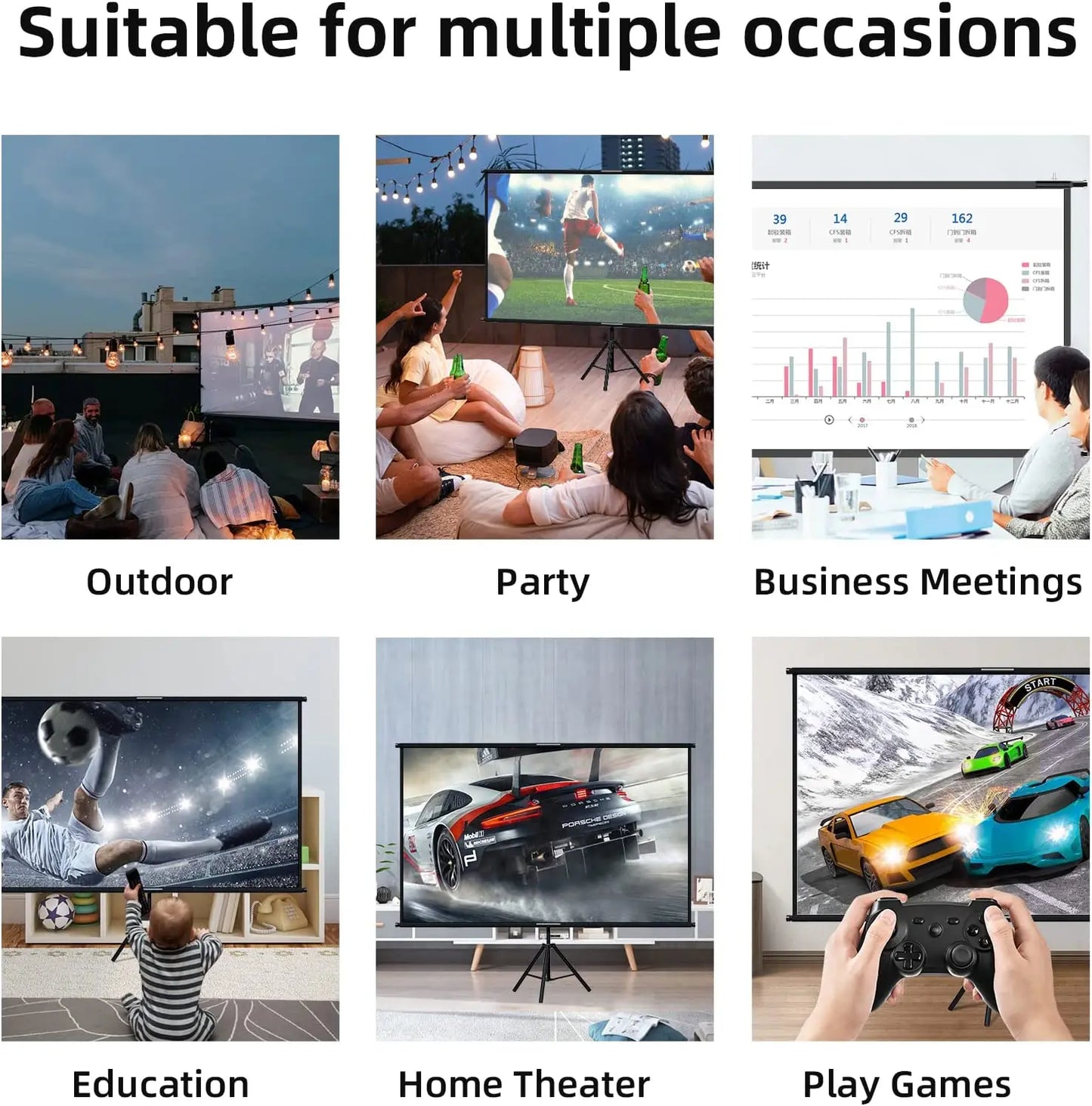 Foldable 16:9 Projector Screen with Stand – Wrinkle-Free 60–120" Portable Home Theater Indoor/Outdoor Screen