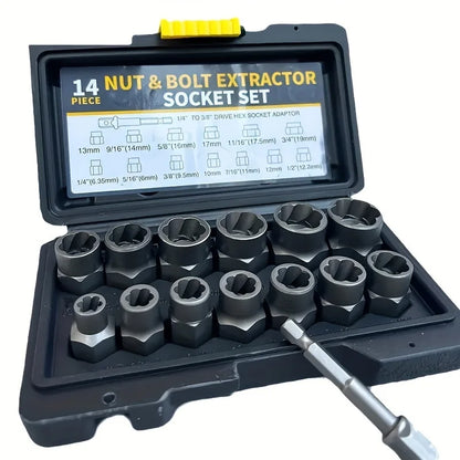 14pcs Damaged Impact Socket Set — Nut & Bolt Extractor/Remover, Chrome Molybdenum Steel with Storage Box