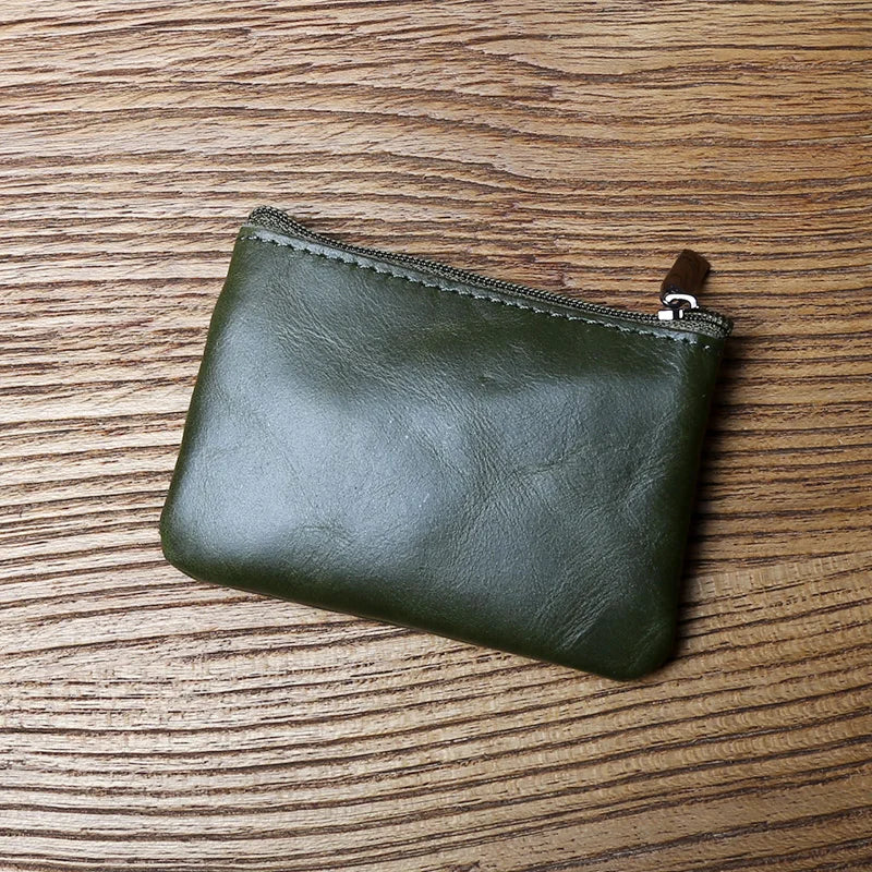 Leather Mini Coin Purse – Unisex Retro Handmade Cowhide Small Wallet with Zipper & Key Case