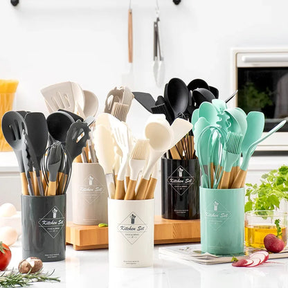 12PCS Silicone Kitchen Utensils Set - Food Grade Cookware with Turner, Spatula, Measuring Spoon, Practical Cooking Tools
