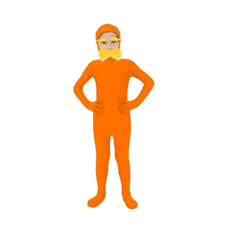Halloween Orange Jumpsuit Costume - Yellow Moustache Cosplay Bodysuit for Kids & Adults