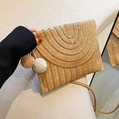Handmade Straw Beach Bag – Small Woven Summer Shoulder Crossbody Clutch with Hair Ball