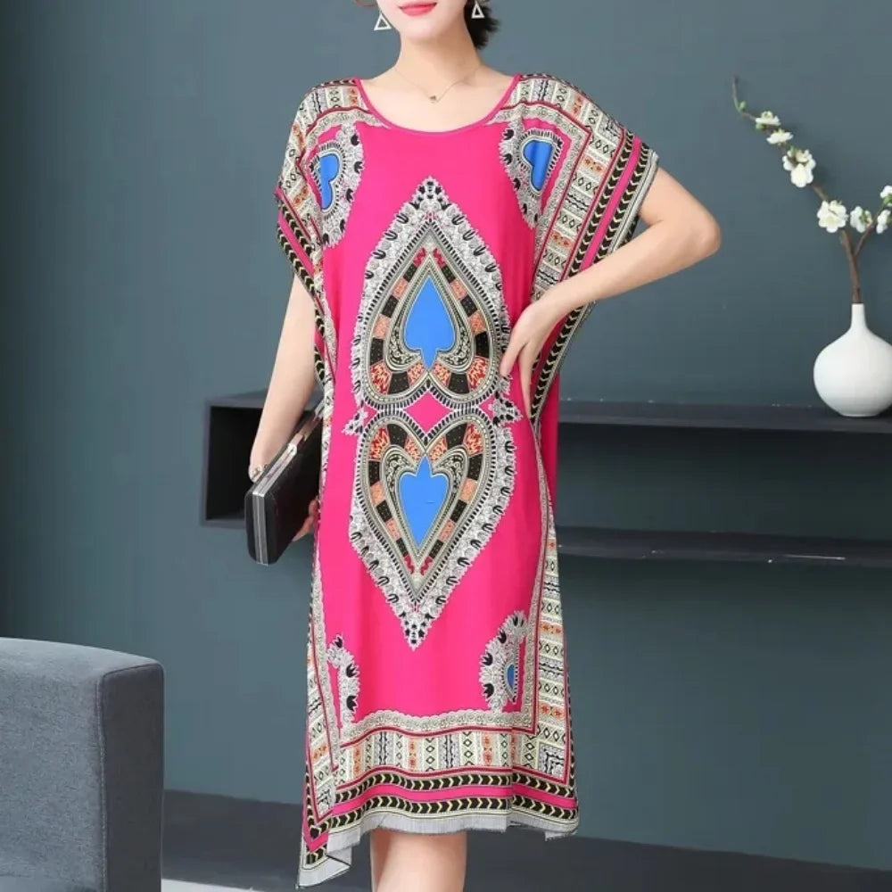 Women’s Bohemian Floral Tunic Dress - Retro Ethnic Print Batwing Sleeve Loose Summer Maternity Streetwear
