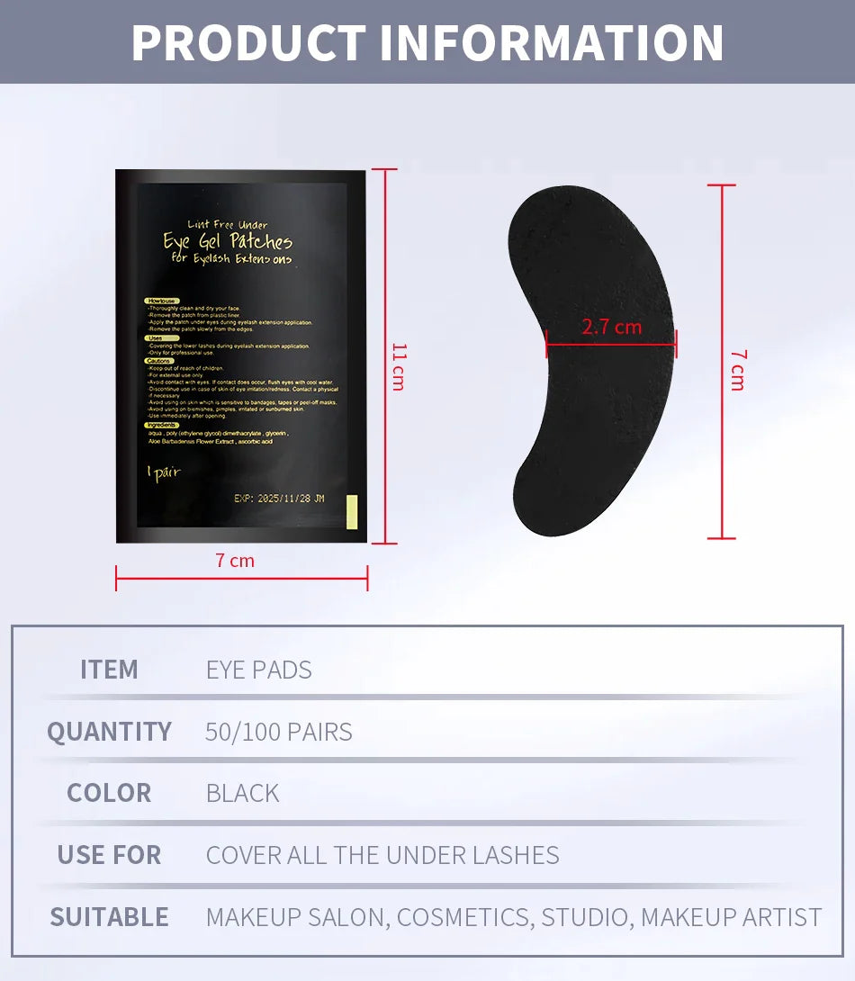 50 Pairs UV Black Hydrogel Eye Gel Patches | Eyelash Extension Padding & Makeup Stickers | Under Eye Gel Pads