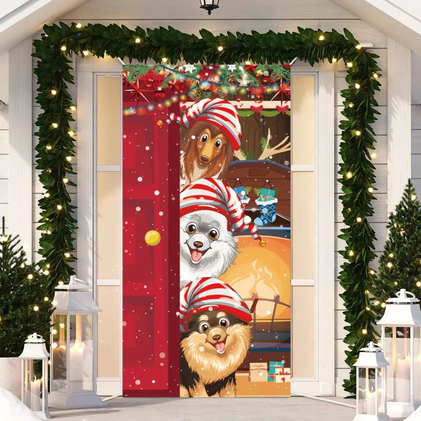 Cute Animals Christmas & New Year Door Cover – Dog, Cat, Snowman, Gingerbread Man Holiday Outdoor Winter Decoration Gift