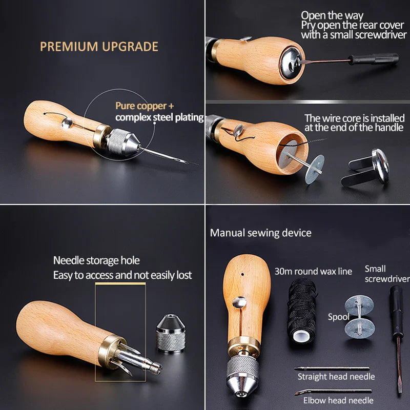 DIY Leather Sewing Awl Kit: Hand Sewing Tools with Waxed Thread - Craft Edge Stitching for Belts, Strips, Shoemaker & Canvas Repair