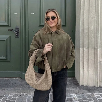 Women's Vintage Bomber Jacket Coat – Turn-Down Collar Long Sleeve Loose Fit Chic Fashion Outerwear