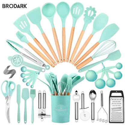 44pcs Premium Silicone Kitchen Utensil Set – Wooden Handles with Knife, Heat-Resistant Non-Stick Cooking Tools
