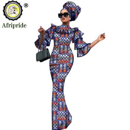 African Bazin Riche 2-Piece Dress Set - Plus Size Bodycon Dress with Headwrap for Women