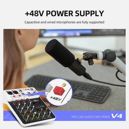 V4 4-Channel Audio Interface Mixer — USB & Bluetooth with 48V Phantom Power, Effects & Recording