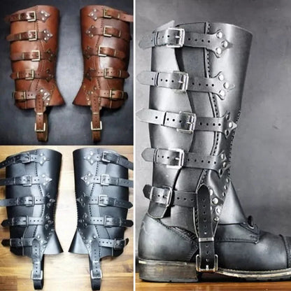 Medieval Knight Warrior Shin Guards, Leather Strap Armor Gaiters & Boot Covers, Renaissance LARP Costume Greaves & Spats Accessories