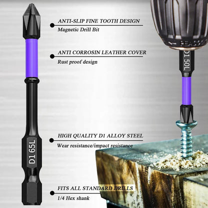 6/12 Pcs Magnetic Screwdriver Bits Set – Phillips & Hex Shank Impact Driver Bits, Non-Slip Shockproof Alloy Steel for Power Tools