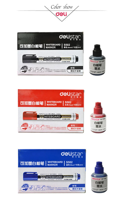 Deli Erasable Whiteboard Marker Pen Set – Dry Erase Office Marker with Ink Bottle, Blue/Black/Red for Whiteboard & Blackboard