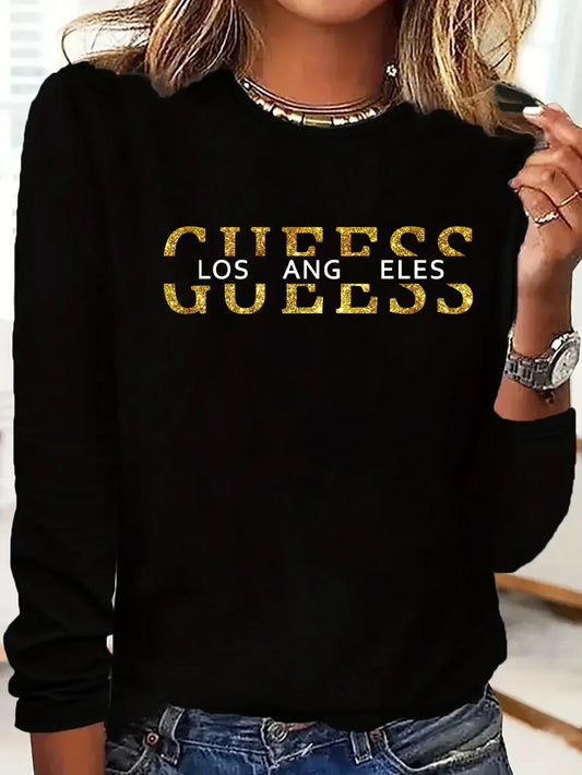 Women's Letter Print Warm Base Layer - Autumn & Winter Cross Printed T-shirt, Casual Round Neck Long Sleeve Top