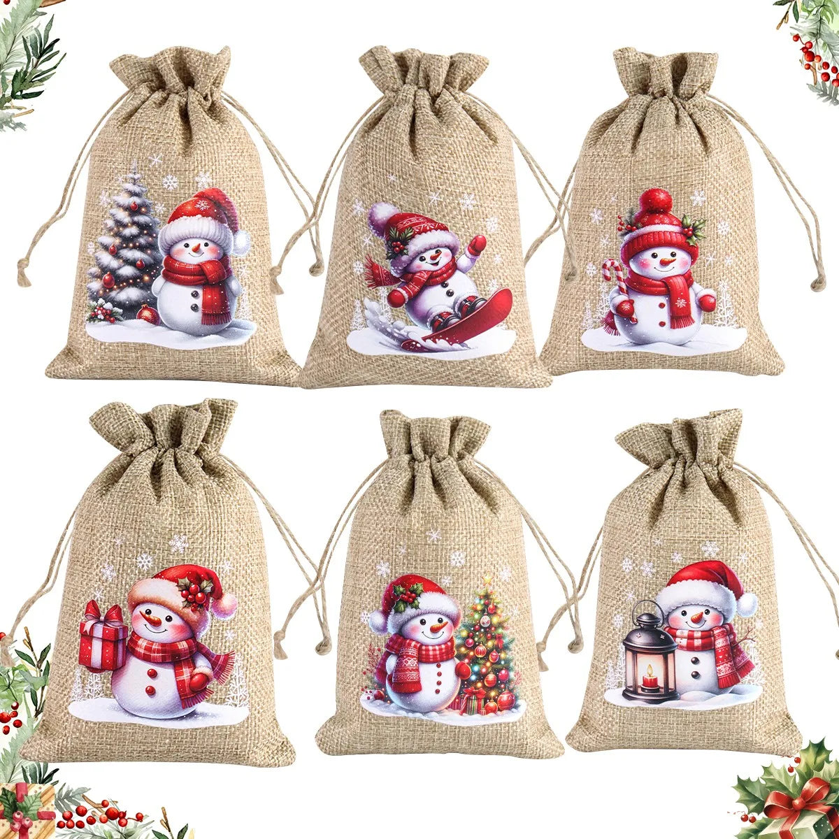 6pcs Christmas Linen Drawstring Gift Bags - Burlap Candy Biscuit Pouches for Holiday Decor & Xmas Gift Packaging