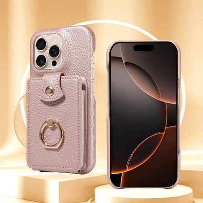 PU Leather iPhone Case with Ring & Card Slots – Anti-Fall Wallet Cover for iPhone 16 Pro Max, 15, 14, 13, 12, 11, 7, 8 Plus & 16e