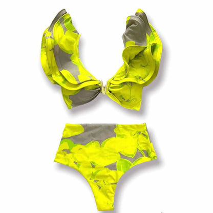 Sporlike V-Neck Ruffled Bikini Set – High Waist Sexy Printed Two-Piece Swimsuit for Women 2025