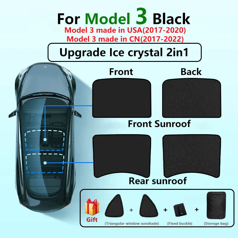 Split Sunshade for Tesla Model 3 (2017-2023) & Model Y – Front & Rear Sunroof Windshield Skylight Glass Roof Cooling Shade