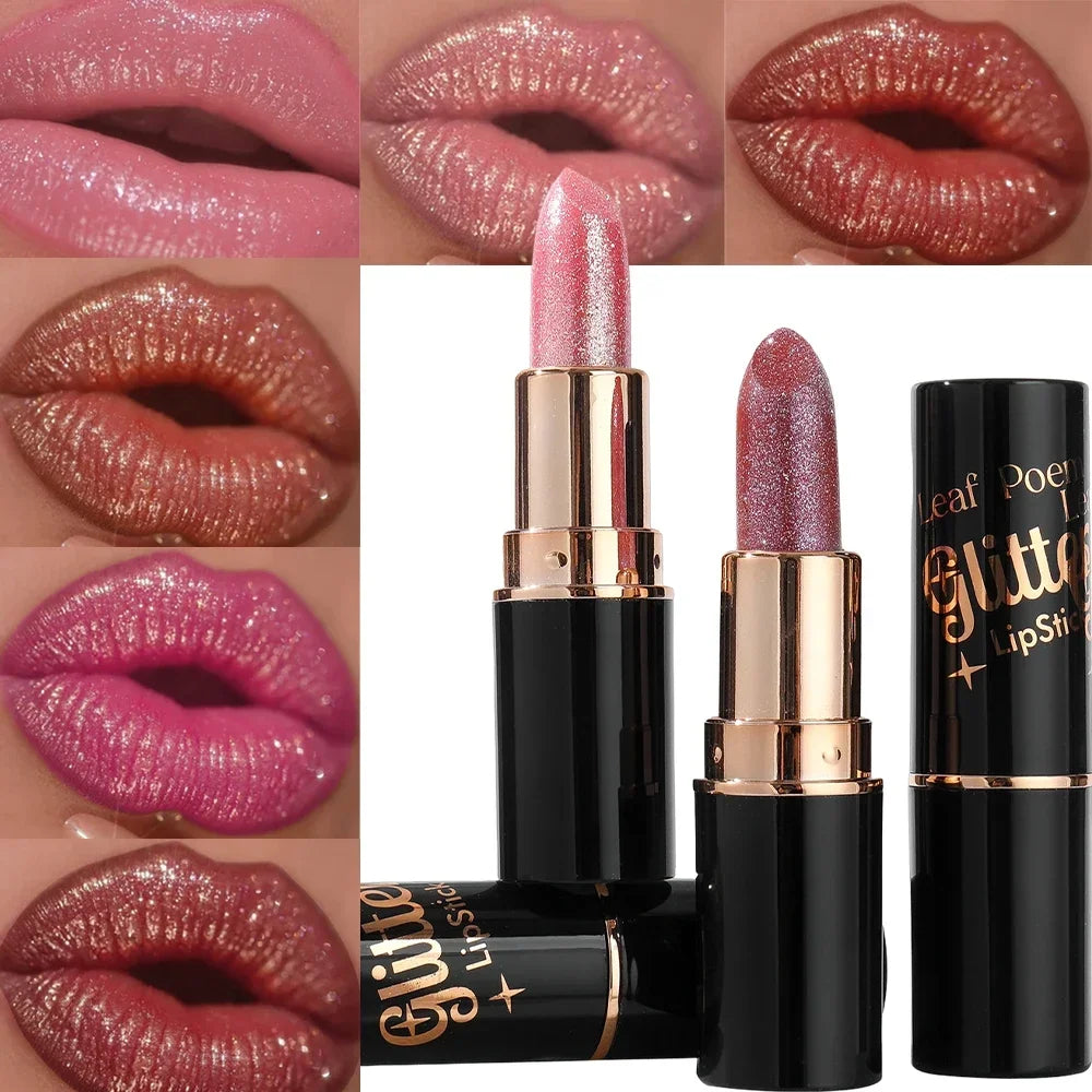 6 Colors Glitter Metallic Lipstick – Waterproof, Long-Lasting Diamond Pearlescent Lip Gloss for Moisturizing Sexy Lips