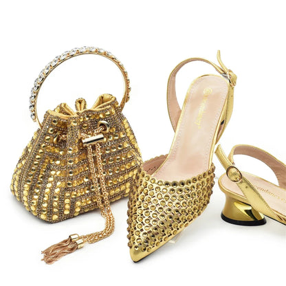 Women’s Gold Rhinestone Shoe & Bag Set - Elegant Wedding & Party Fashion Accessories