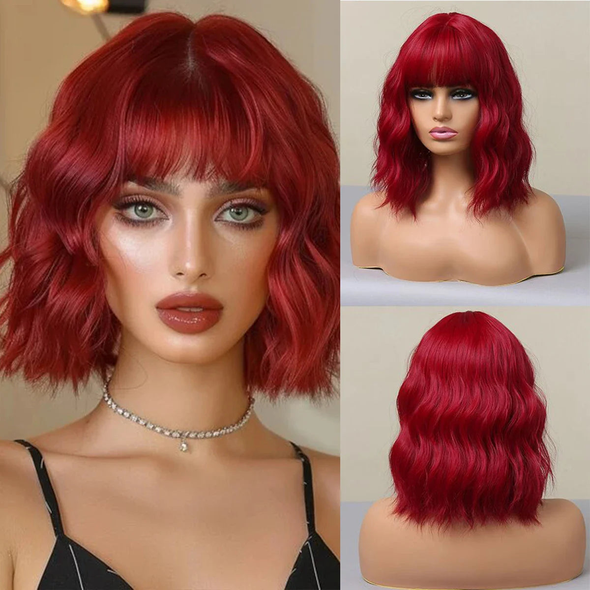 Short Wavy Green Synthetic Wig for Women – Green Cosplay Bob Wig with Bangs, Lolita Party Hair, Heat-Resistant Natural Fake Hair