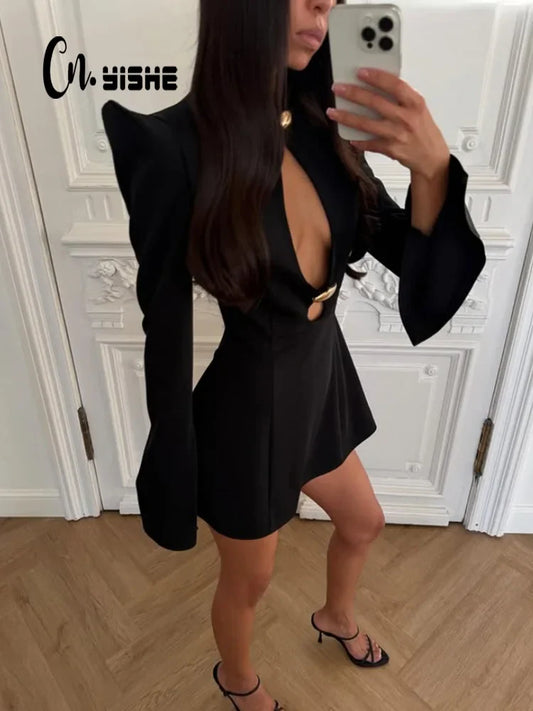 CNYISHE Women’s Metal Buckle Hollow Out Bodycon Dress – Long Sleeve O-Neck Sexy Club Sheath Chic Autumn Fashion Slim Fit Robe