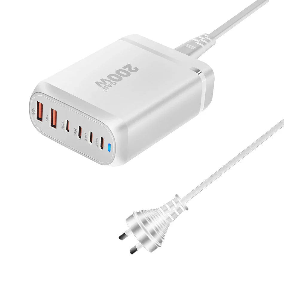 UHOMEBUY 200W GaN Desktop Charger - 6-Port USB Type C with 100W PD & Quick Charge 3.0 Fast Mobile Charger
