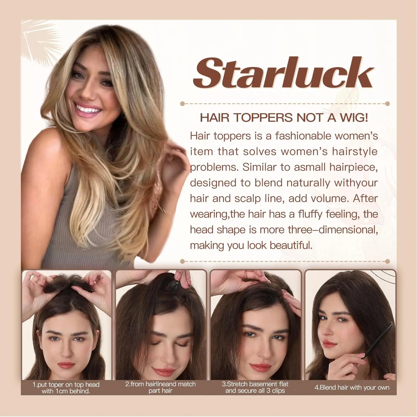 Ombre Blonde Brown 100% Remy Human Hair Topper – Silk Base Clip-In Extension for Women with Hair Loss, 12 Inch