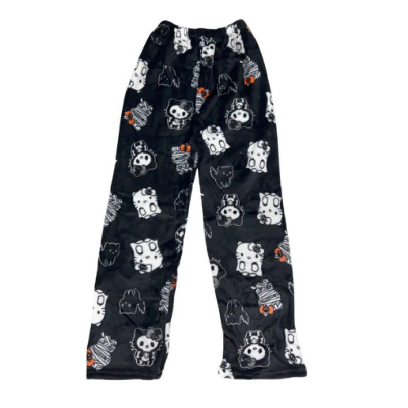 Kawaii Hello Kitty Flannel Pajama Pants – Warm Woolen Anime Trousers for Women, Cute Autumn Loungewear Gift