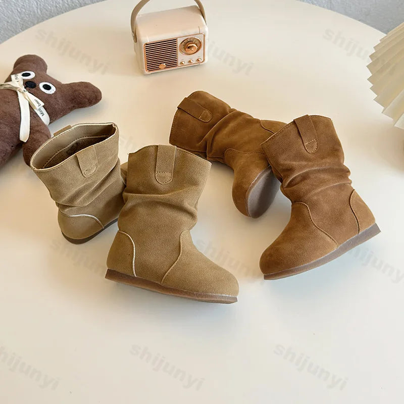 Children’s Leather Cowboy Boots – Girls Retro 2025 Autumn/Winter Warm Outdoor Anti-Slip Short Flats