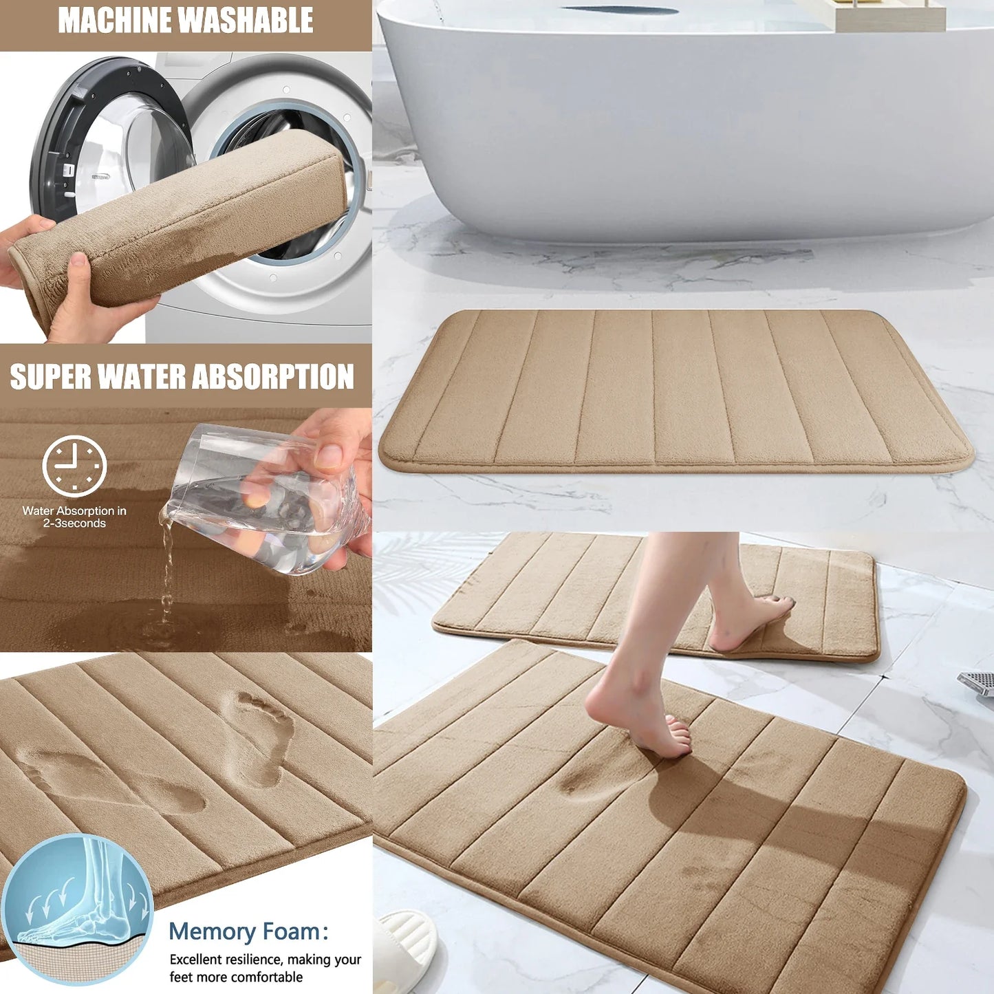 Super Absorbent Memory Foam Bath Mat - Non-Slip Bathroom Rug, Bathtub Side Floor Rug, Shower Room Doormat