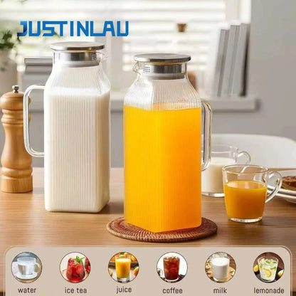 JUSTINLAU Borosilicate Glass Water Bottle - 1.2L/2L Large Capacity Juice & Drink Pitcher for Home & Restaurant