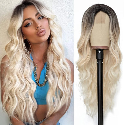 26-Inch Synthetic Ombre Blonde Wavy Wig for Women — Long Middle Part Curly, Heat-Resistant Natural-Look Hair