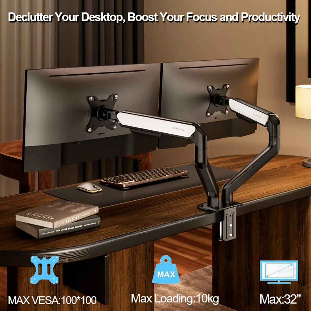 Dual Monitor Desk Mount – Mechanical Arm, VESA 100x100mm, Height Adjustable, Supports 32" Screens & 19.8 lbs per Screen