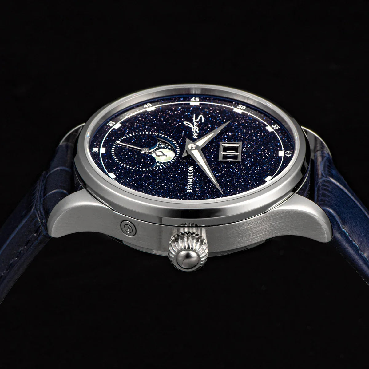 Sugess Origin ST2528 Mechanical Watch – Men's Luxury Moonphase Wristwatch with Real Blue Stone Dial & Stainless Steel Case