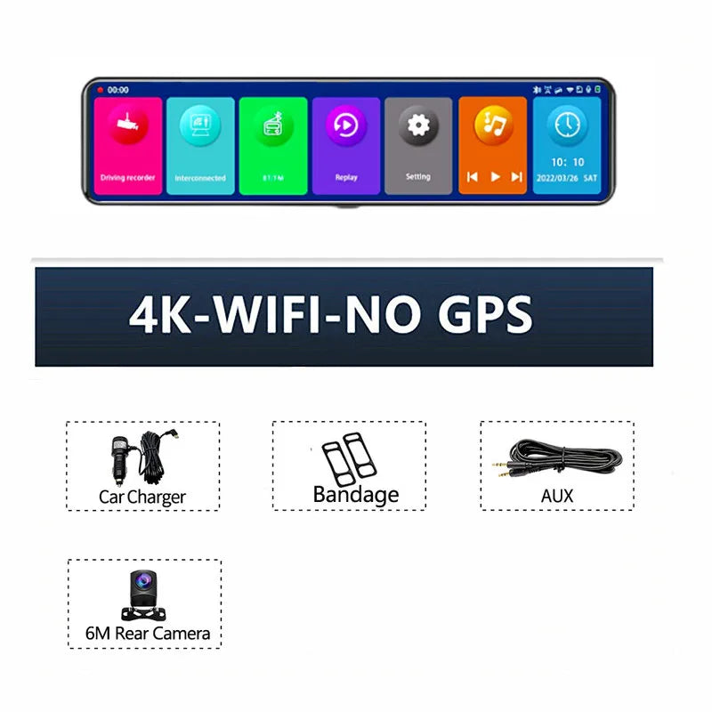 4K Dash Cam Car Mirror – 3840x2160P Video Recording, Wireless CarPlay & Android Auto, 5G WiFi, GPS Navigation