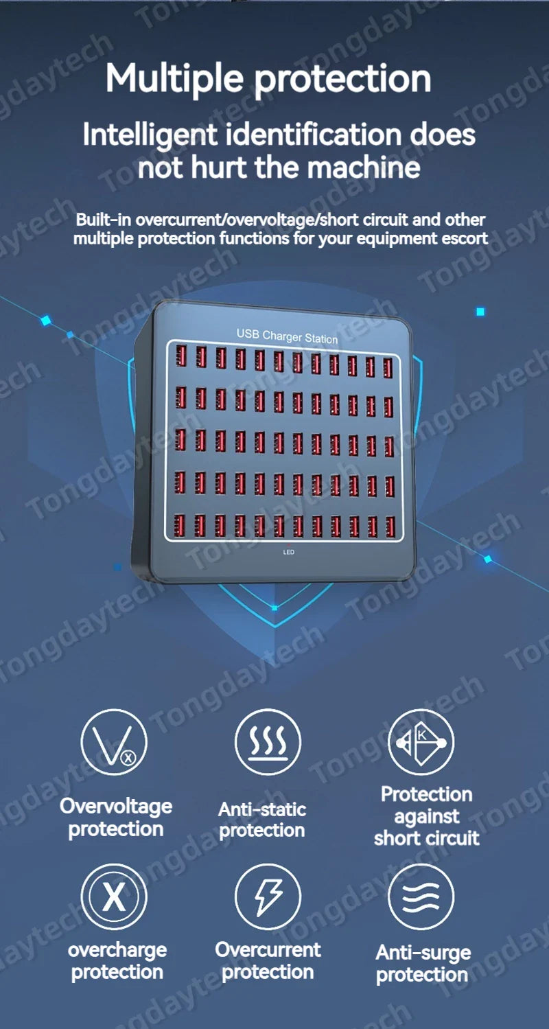 300W Universal Multi USB Charger Station – 60-Port Fast Charging for iPad, iPhone 11/12/13 Pro Max, Samsung Tablet