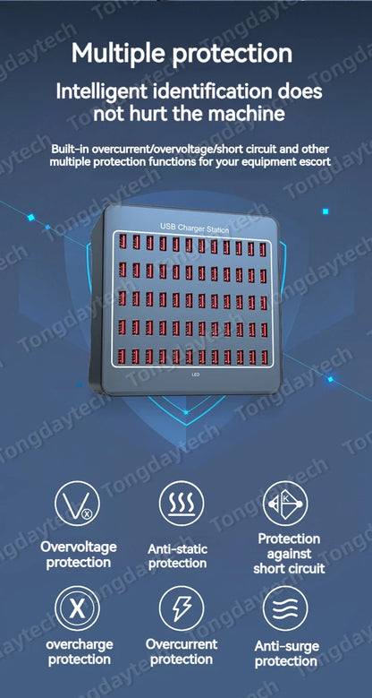 300W Universal Multi USB Charger Station – 60-Port Fast Charging for iPad, iPhone 11/12/13 Pro Max, Samsung Tablet