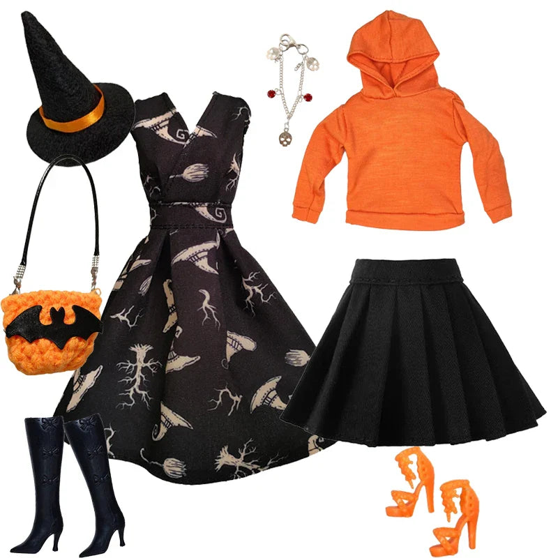 1/6 Doll Halloween Cosplay Outfit – Witch Dress, Cap, Belt, Bag & Broom for 12" BJD / 30cm Dolls