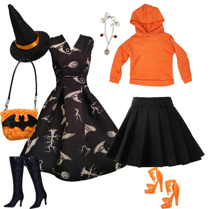 1/6 Doll Halloween Cosplay Outfit – Witch Dress, Cap, Belt, Bag & Broom for 12" BJD / 30cm Dolls