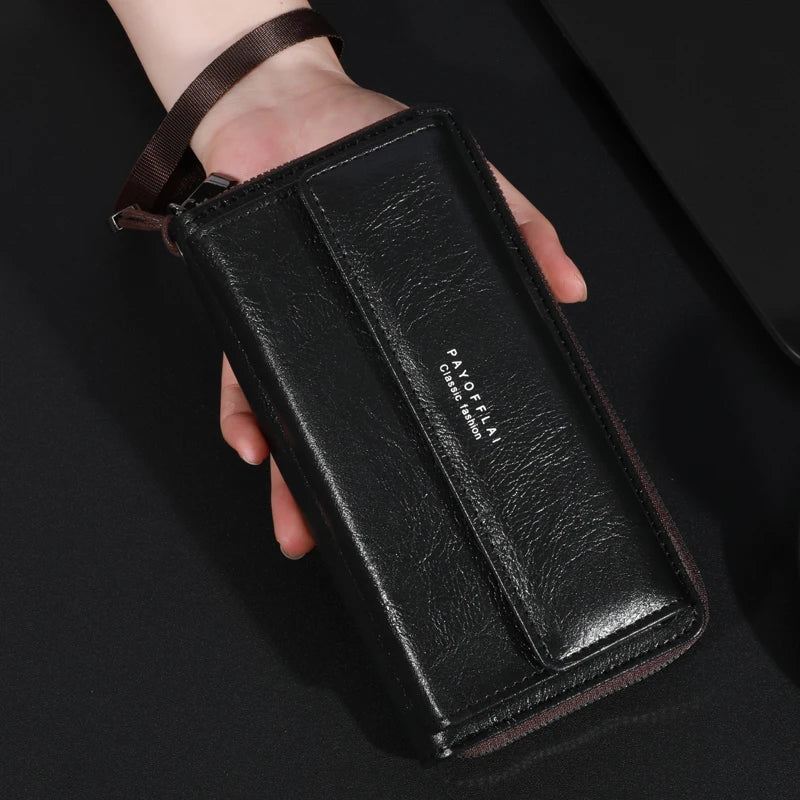 Men's PU Leather Zipper Handbag - Large Capacity Long Wallet Clutch with Phone Bag, Multi-Card Holder and Coin Purse