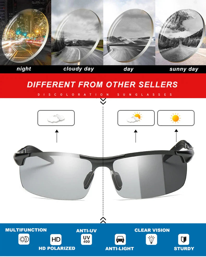 CLLOIO Aluminum Photochromic Sunglasses – Polarized Day & Night Chameleon Glasses for Men, Anti-Glare, UV Protection, Color Changing Sun Glasses