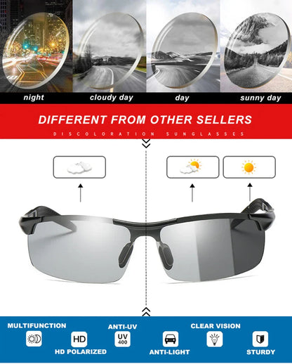 CLLOIO Aluminum Photochromic Sunglasses – Polarized Day & Night Chameleon Glasses for Men, Anti-Glare, UV Protection, Color Changing Sun Glasses