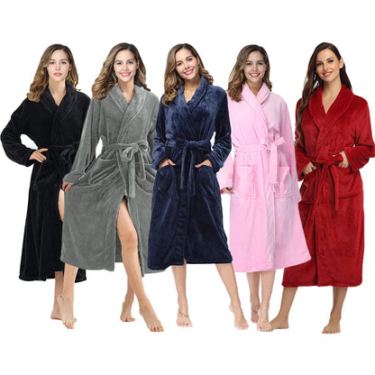 RONGTAI Women's Solid Color Lapel Bathrobe - Warm, Comfortable Long-Sleeved Robe for Autumn and Winter Homewear