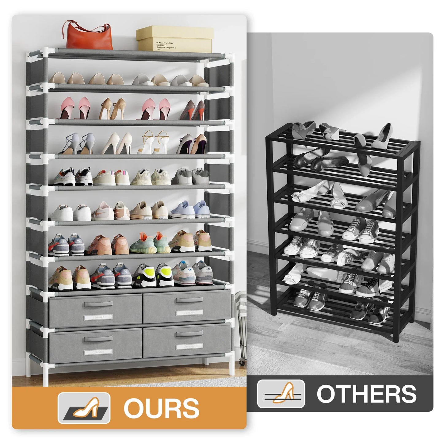 Tribesigns 10-Tier Shoe Rack Organizer – Vertical Shoe Shelf with 4 Drawer Bins, Holds 32 Pairs for Closet & Entryway