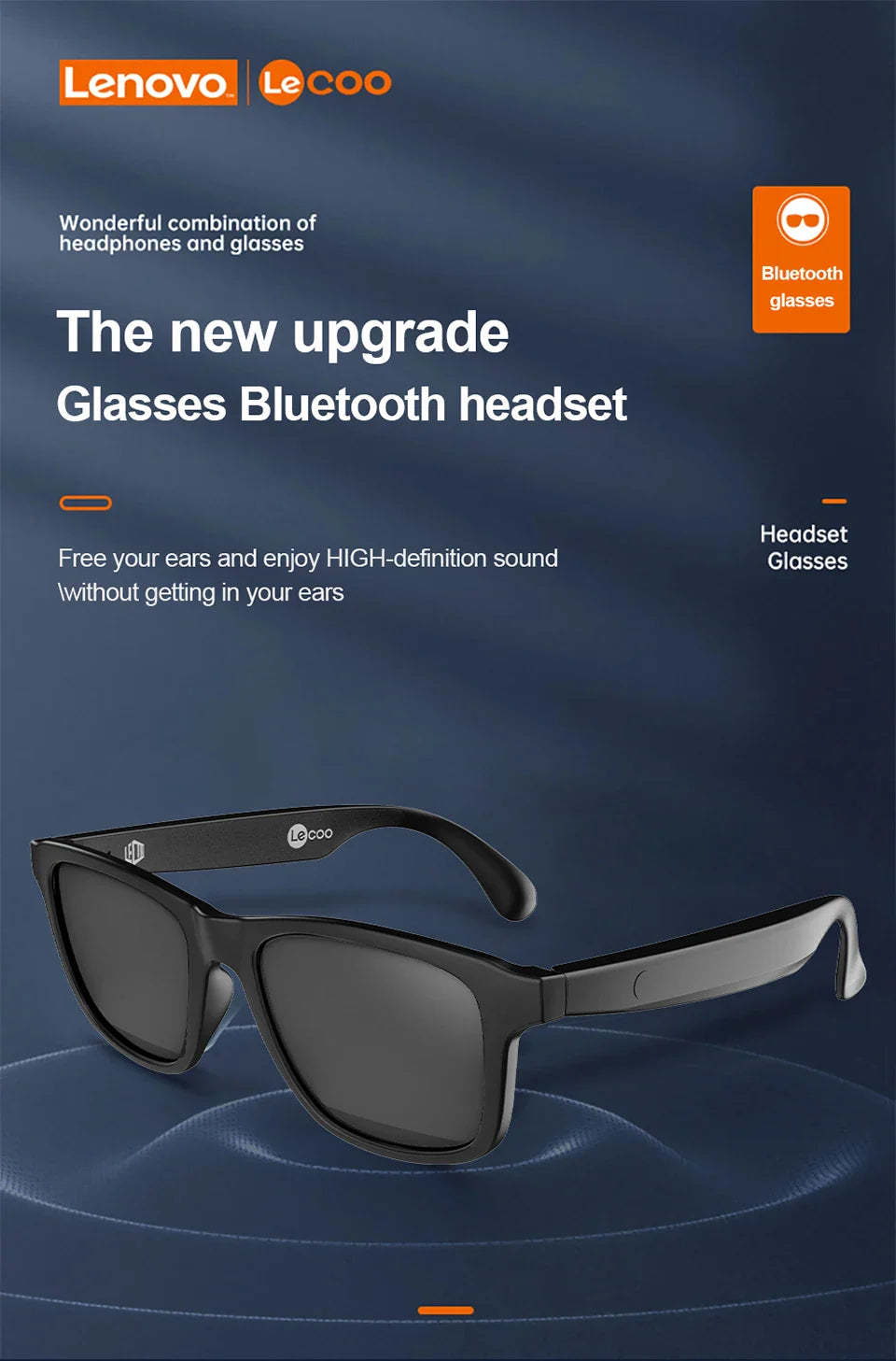 Lenovo Lecoo C8 Lite Bluetooth 5.3 Sunglasses – Wireless HiFi Earphones, HD Calls, Anti-Blue Light for Outdoor & Driving
