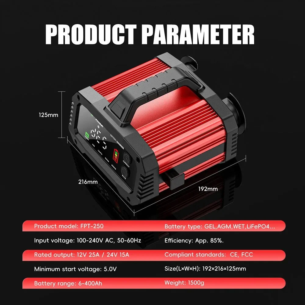 Portable 25A/15A Smart Car Battery Charger — 12V/24V AGM, GEL, LiFePO4 Motorcycle & Car Booster with Pulse Repair